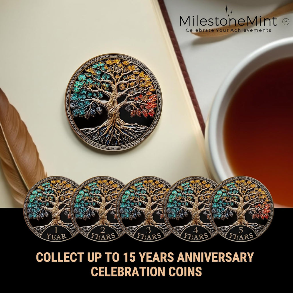 Sobriety Coin Tree of Life Gift Set | Anniversary Sobriety Gifts for Men & Women | AA Coins and Medallions with Token Capsule, Stand & Card | 3D Texture, Recovery AA Chips