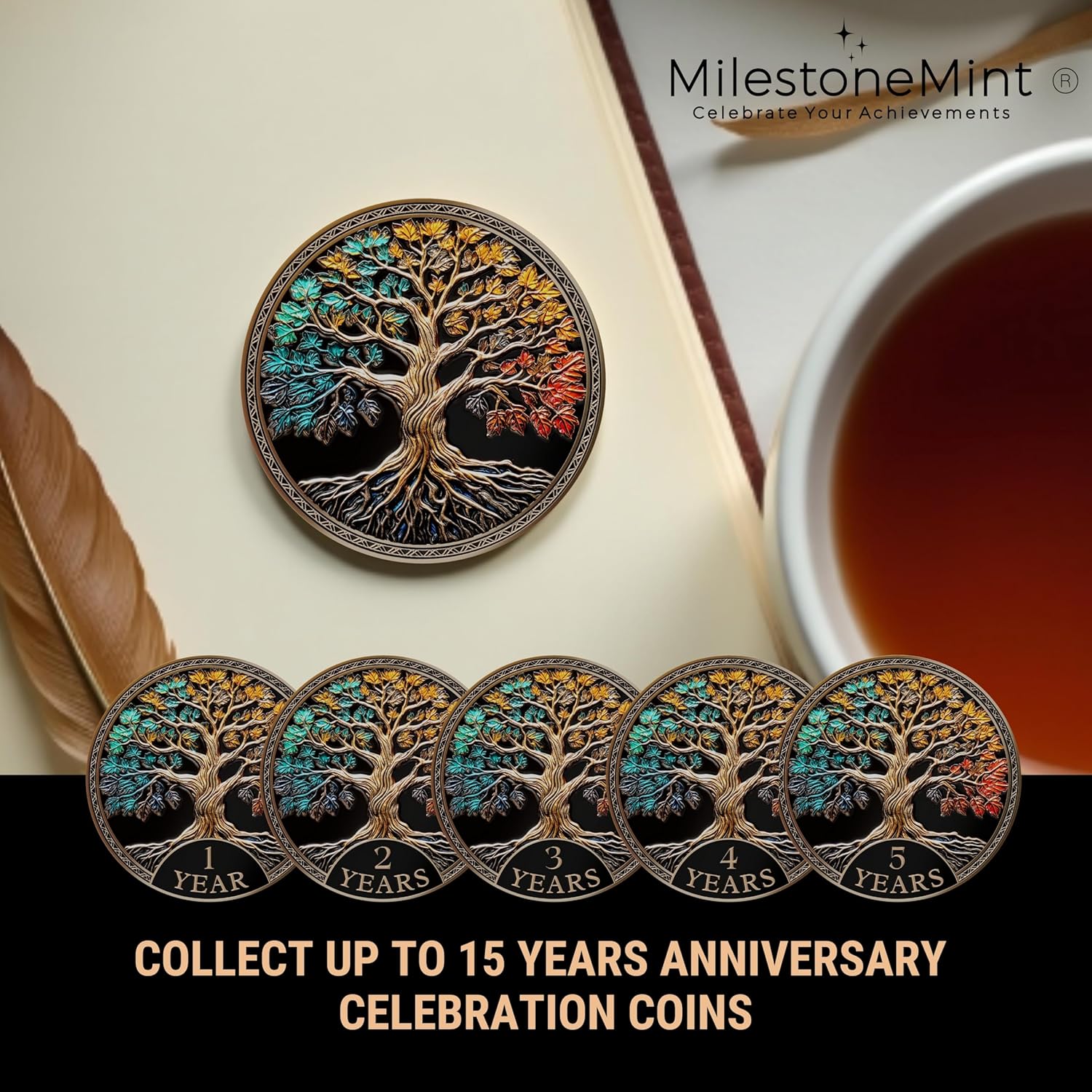 Sobriety Coin Tree of Life Gift Set | Anniversary Sobriety Gifts for Men & Women | AA Coins and Medallions with Token Capsule, Stand & Card | 3D Texture, Recovery AA Chips