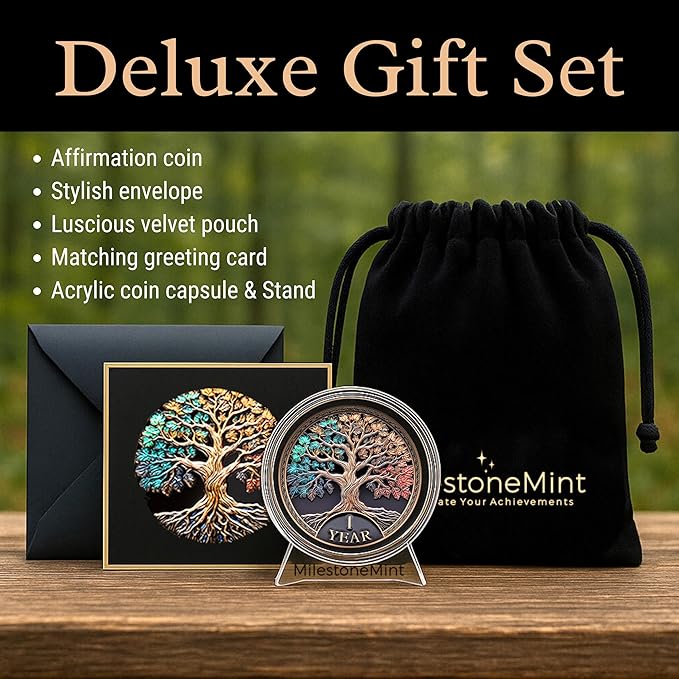 Sobriety Coin Tree of Life Gift Set | Anniversary Sobriety Gifts for Men & Women | AA Coins and Medallions with Token Capsule, Stand & Card | 3D Texture, Recovery AA Chips