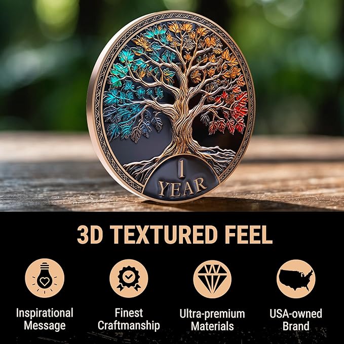 Sobriety Coin Tree of Life Gift Set | Anniversary Sobriety Gifts for Men & Women | AA Coins and Medallions with Token Capsule, Stand & Card | 3D Texture, Recovery AA Chips
