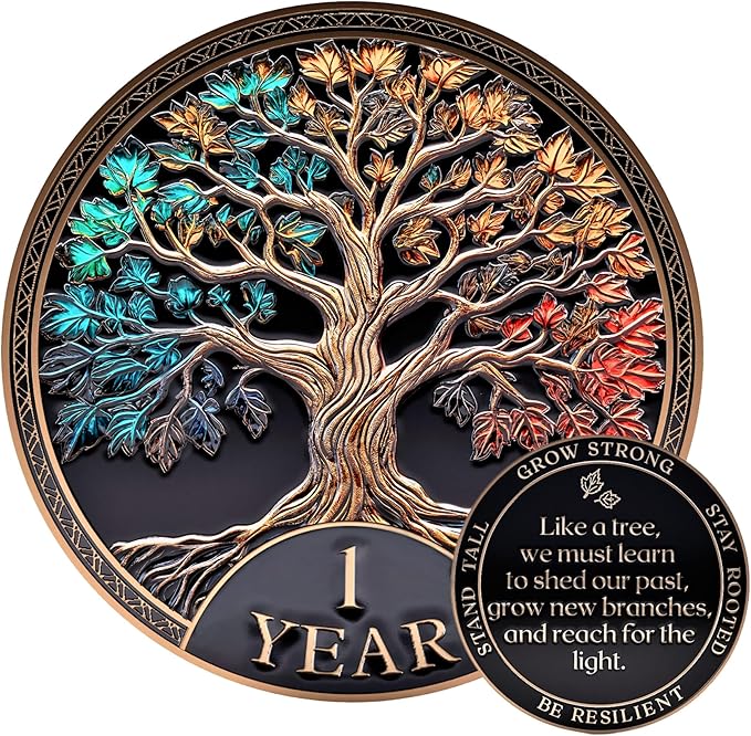 Sobriety Coin Tree of Life Gift Set | Anniversary Sobriety Gifts for Men & Women | AA Coins and Medallions with Token Capsule, Stand & Card | 3D Texture, Recovery AA Chips
