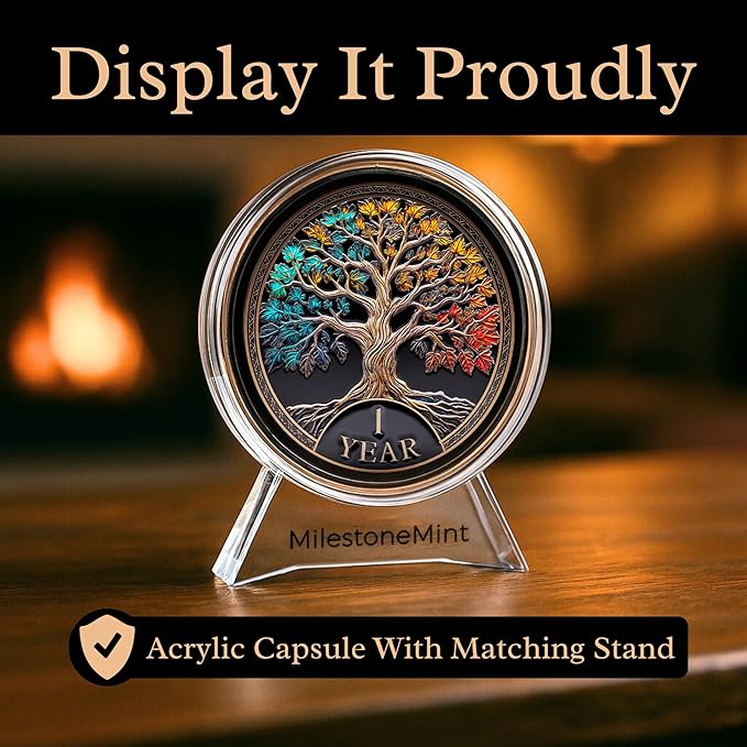 Sobriety Coin Tree of Life Gift Set | Anniversary Sobriety Gifts for Men & Women | AA Coins and Medallions with Token Capsule, Stand & Card | 3D Texture, Recovery AA Chips