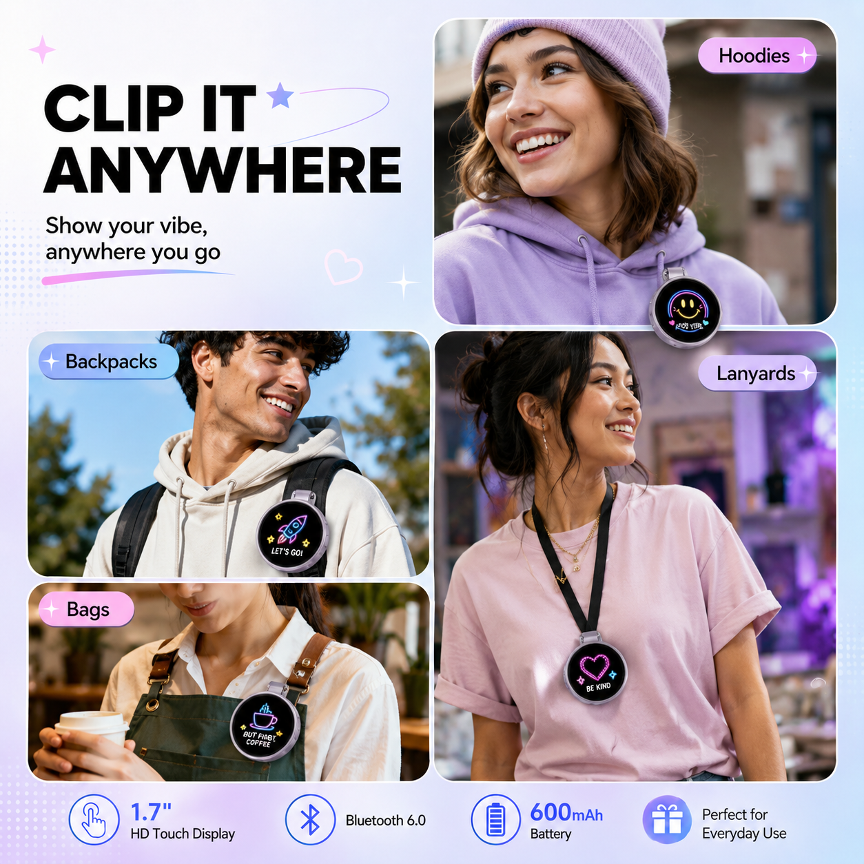 MoodSwipe™ Smart E-Badge | Custom Photo & Video Display Pin