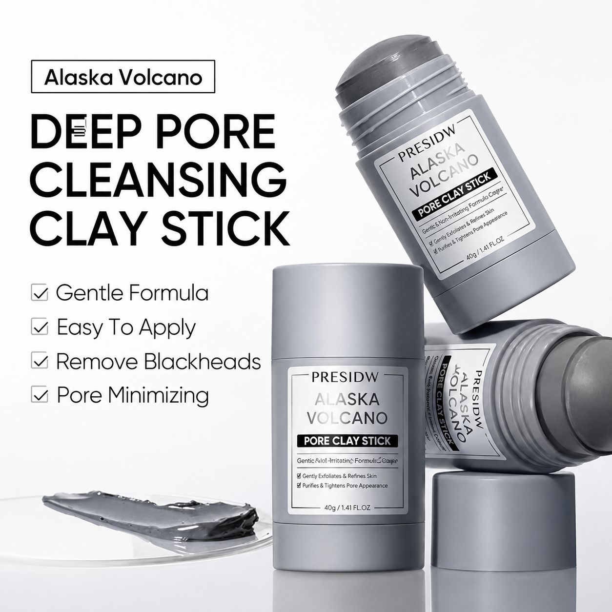 Deep Pore Cleansing Blackhead Remover Face Mask Stick, Mud Mask with Natural Alaska Volcano Clay, Gentle Exfoliating, Smoothing Skin, Non-Drying, Skincare Facial Mask